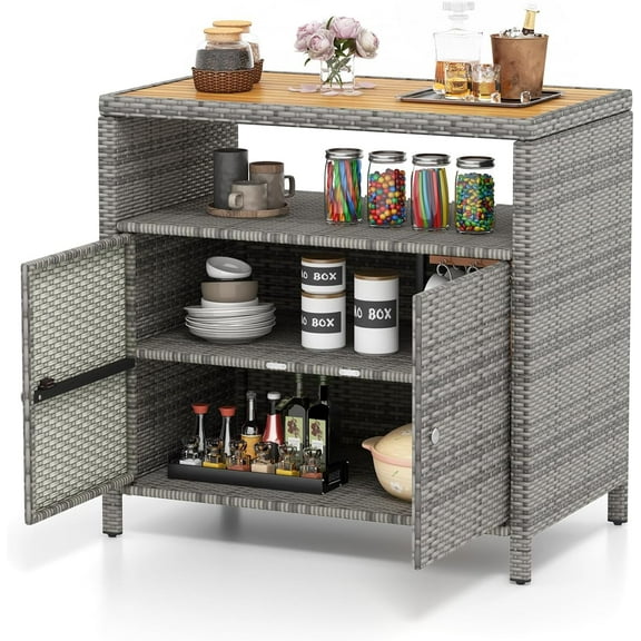SSyao Rattan Outdoor Storage Cabinet,All-Weather Wicker Patio Cabinet with Acacia Wood Countertop,Open Shelf & Double Doors,Outdoor Bar Sideboard for Garden,Backyard,Deck,or Poolside (Mix Grey)