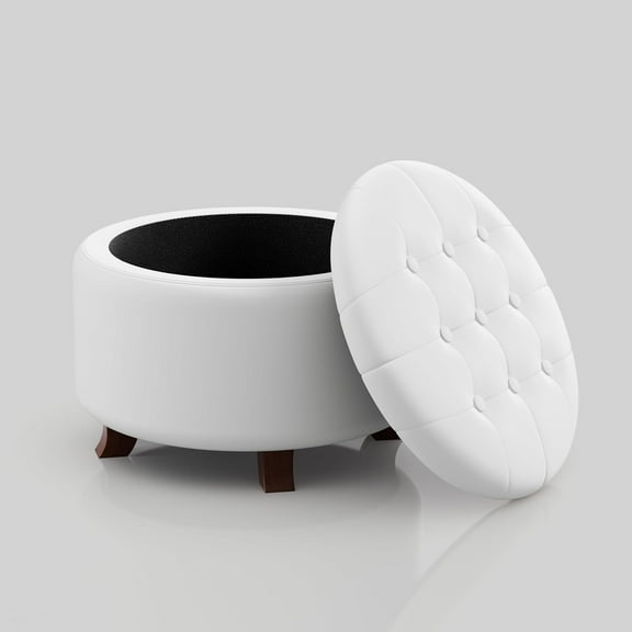 SSyao Round Ottoman with Storage, 24.5 Dia. x 17 H Inches PU Leather Footstool with Legs, Small Foot Rest Ottoman for Bedroom, Living Room, Decorative Home Furniture, White