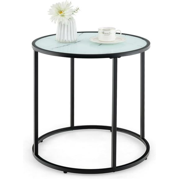 SSyao Round Side Table, Tempered Glass End Table with Metal Frame, Modern Accent Table Nightstand Bedside Table with Open Storage, Small Coffee Table for Living Room Bedroom Small Space, Black