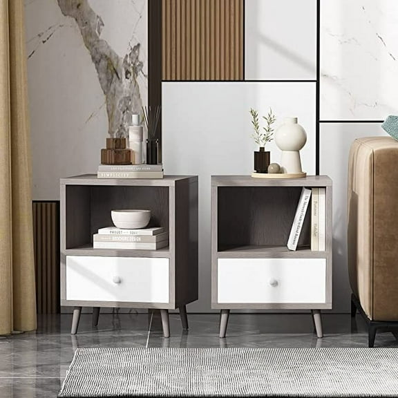 SSyao Set of 2 Nightstand Wood Bedside Table End Table Open Shelf w/Drawer Furniture