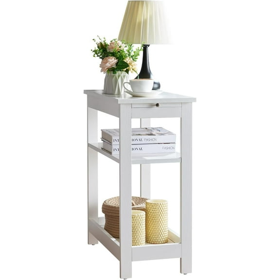 SSyao- Slim Wood Side End Table with Storage Shelves & Pull-Out Tray, Nightstand for Bedroom, Living Room-White