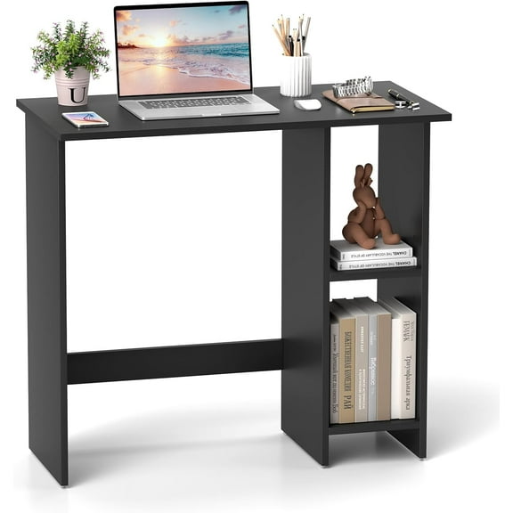 SSyao Small Desk, Compact Study Writing Desk with 3-Position Adjustable Shelf, Anti-Toppling Kit, Modern PC Laptop Table, Home Office Computer Workstation for Small Space Bedroom Dorm, Black