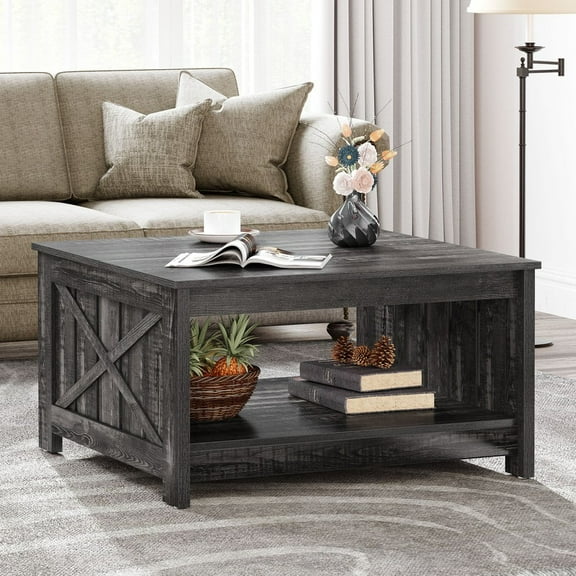 SSyao Square Coffee Table with 2-Tier Storage Farmhouse Cocktail Table for Living Room, Gray