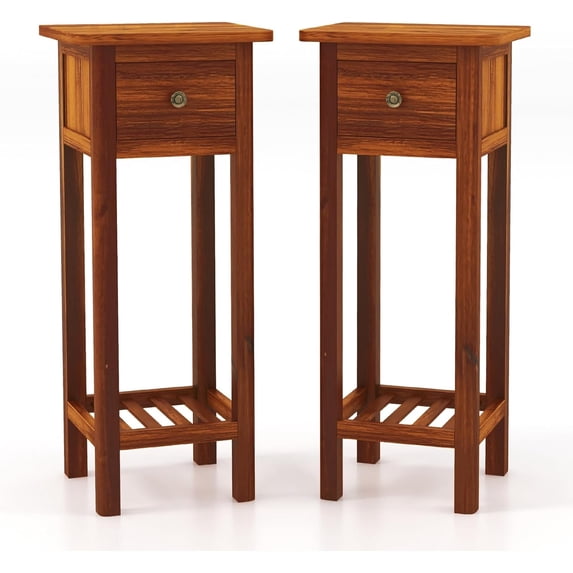 SSyao Tall End Table Set of 2, Narrow Side Table with Drawer and Shelf, Acacia Wood Nightstand for Living Room, 2-Tier Bedside Table for Small Space, No Assembly, Rustic Brown