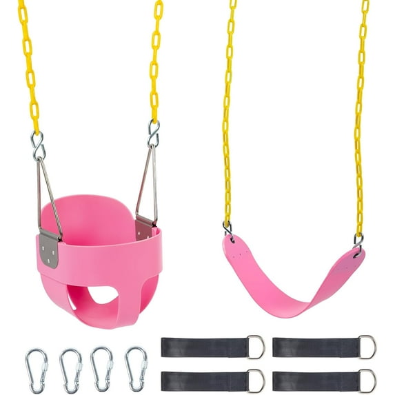 SSyao Toddler Bucket Swing Seat Set Combo, Kids High Back Full Buckets and Heavy Duty Swings Seat W/Coated Chains, Tree Straps & Lock Snap Hooks for Outdoor Backyard (Pink+Two)
