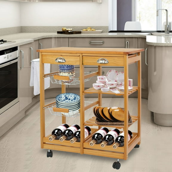 SSyao Wood Kitchen Storage Island Cart Dining Trolley Basket Stand Counter Top Table 26.5L x 14.75W x 29.5H