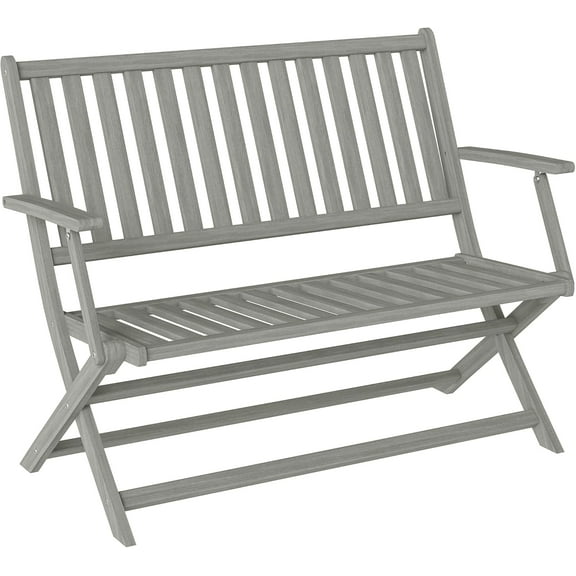 SSyao Wood Outdoor Bench, 2-Person Foldable Patio Acacia Wood Garden Bench with Backrest and Armrests for Garden, Porch, Park, Balcony, Gray