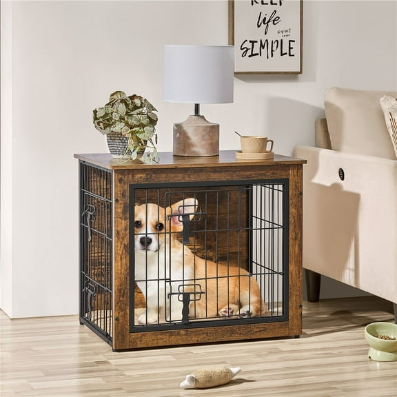 SSyao Wooden Dog Crate Furniture with Mat Dog Kennel Double Doors for Small Dog Indoor-Rustic Brown-27.5"L × 20"W × 24"H