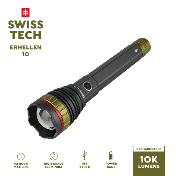 Swiss Tech 10,000 Lumen Rechargeable LED Flashlight with Power Bank, Waterproof for Camping