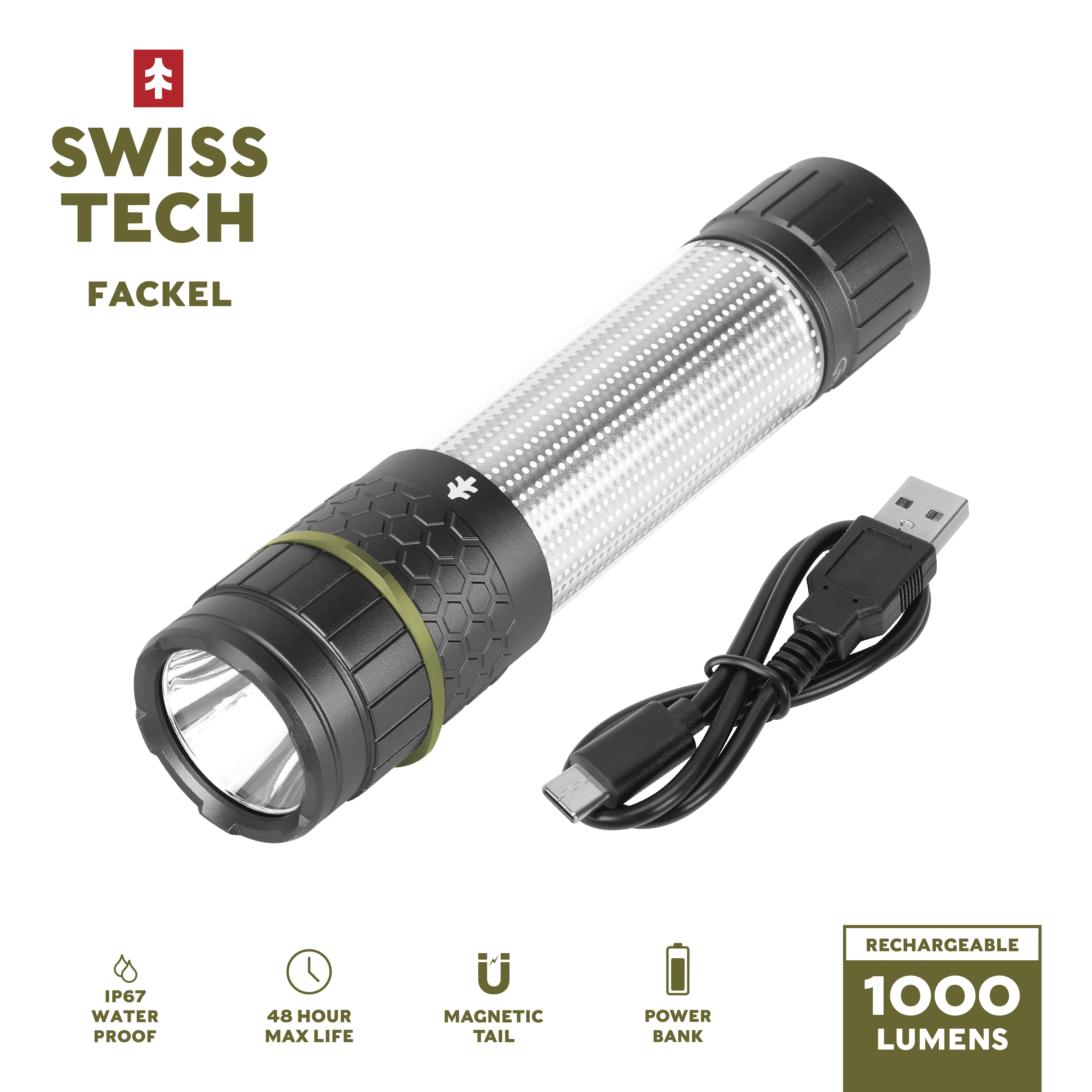 Swiss Tech Combo Torch and Flashlight, 1000 Lumen, LED, IP67 Waterproof,  Rechargeable