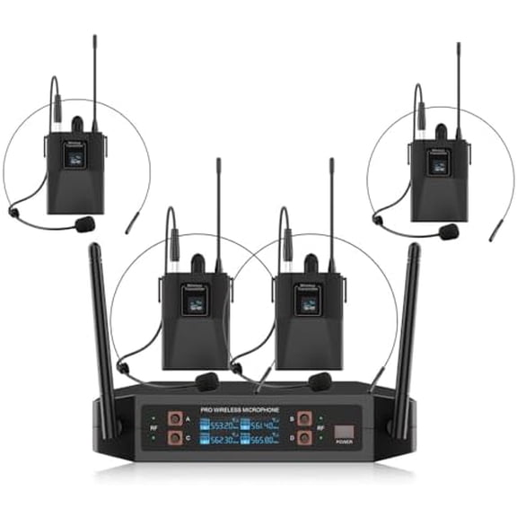 ST-102 4-Channel Wireless Microphone System, UHF Wireless Microphone kit with 4 Bodypacks and 4 Headsets Mics, auto-scan, 200-foot Coverage, for Singing, Karaoke, DJs, Churches$$Music