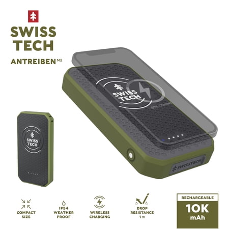 Swiss Tech 10,000 mAh Portable Wireless Power Bank, IPX4 Weatherproof & Drop Resistant, USB-C and USB-A