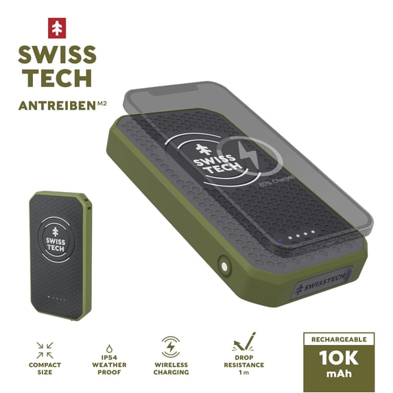 Swiss Tech 10,000 mAh Portable Wireless Power Bank, IPX4 Weatherproof & Drop Resistant, USB-C and USB-A