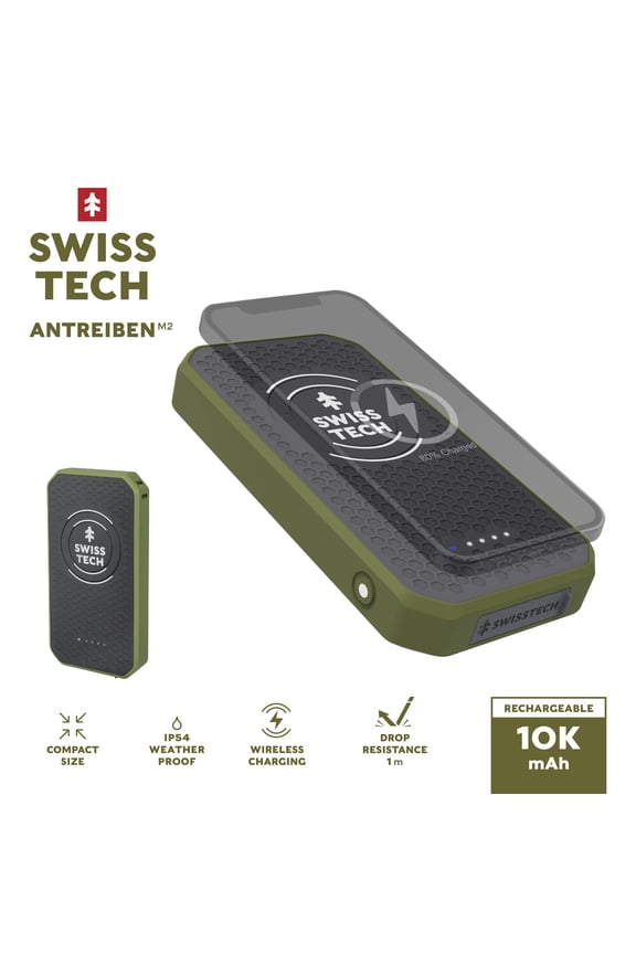 10,000 mAh Portable Wireless Power Bank, IPX4 Weatherproof & Drop Resistant, USB-C and USB-A