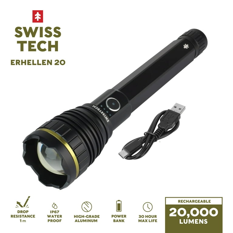 best rechargeable flashlight under 20 dollars Swiss Tech Erhellen 20 Flashlight, 20,000 Lumen Rechargeable LED Light for Camping & Emergency, Size: 2.5 inch x 2.5 inch x 11.75 inch