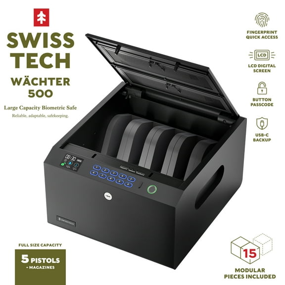 Swiss Tech Wchter 500 Biometric 5-Gun Safe with Modular Foam, USB-C & LCD Display