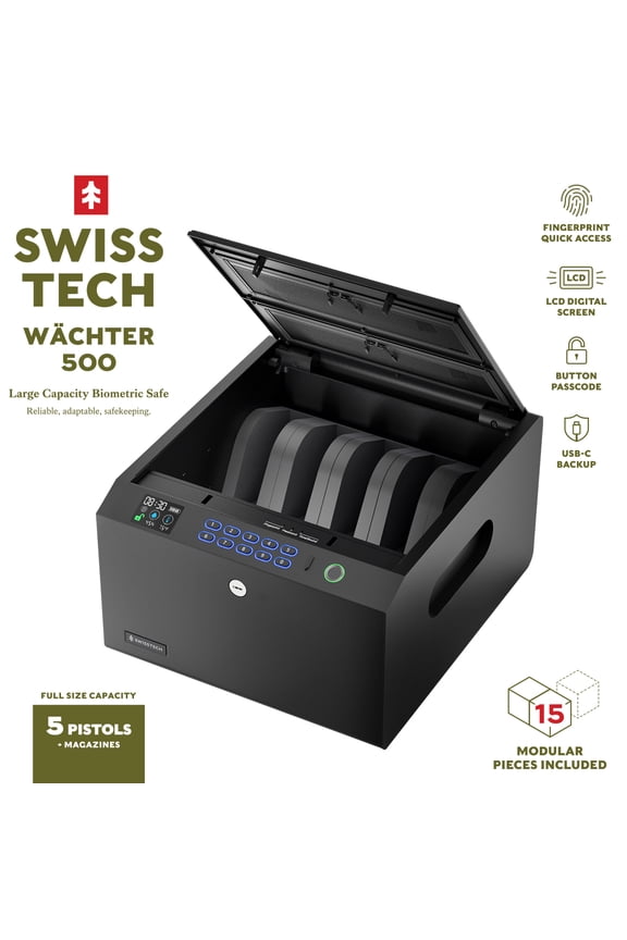 Wchter 500 Biometric Gun Safe for 5 Handguns, Fingerprint Safe with LCD Display, USB-C Emergency Power, Keypad & Key Backup