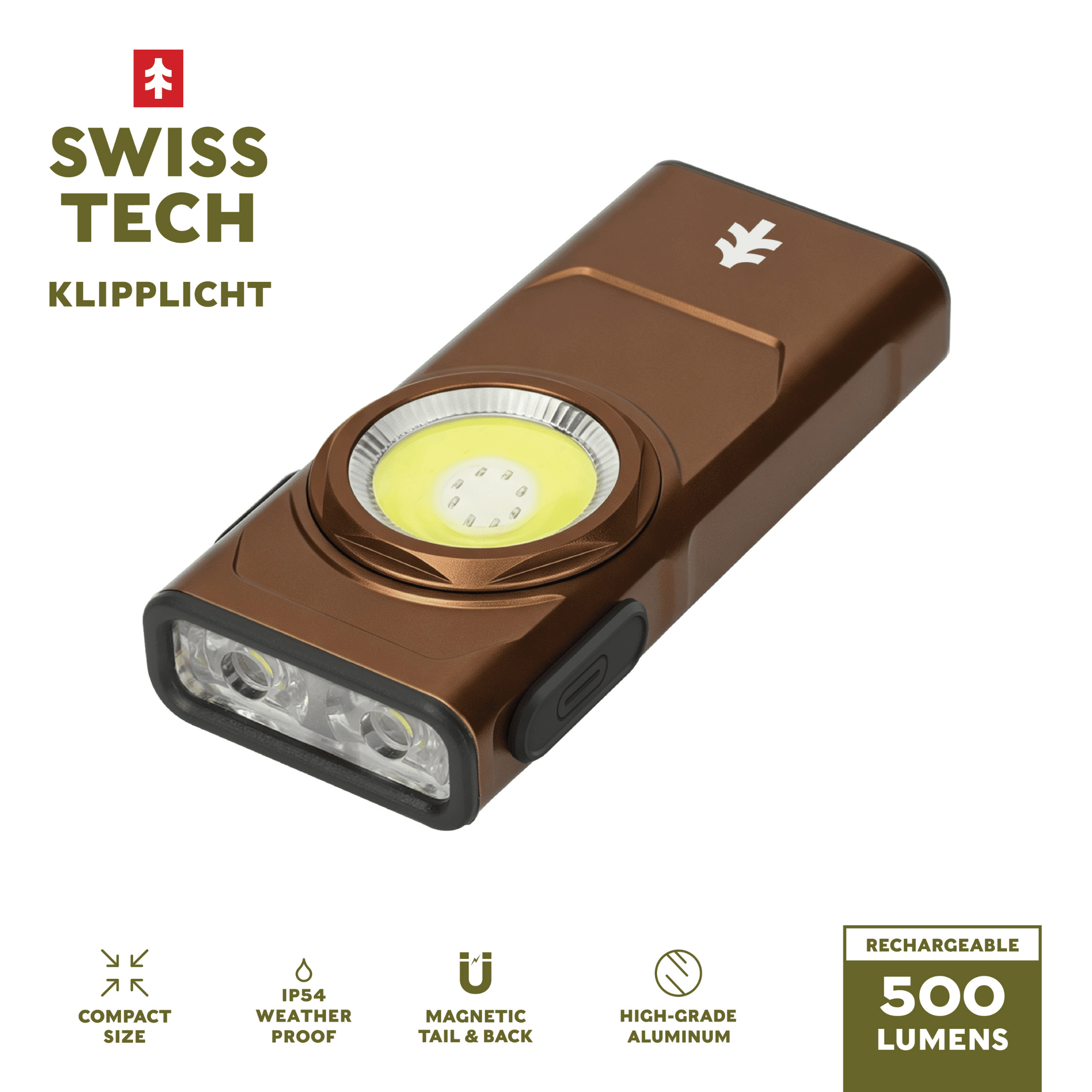 Swiss Tech 500-Lumen Rechargeable EDC Clip Work Light, Light Bronze