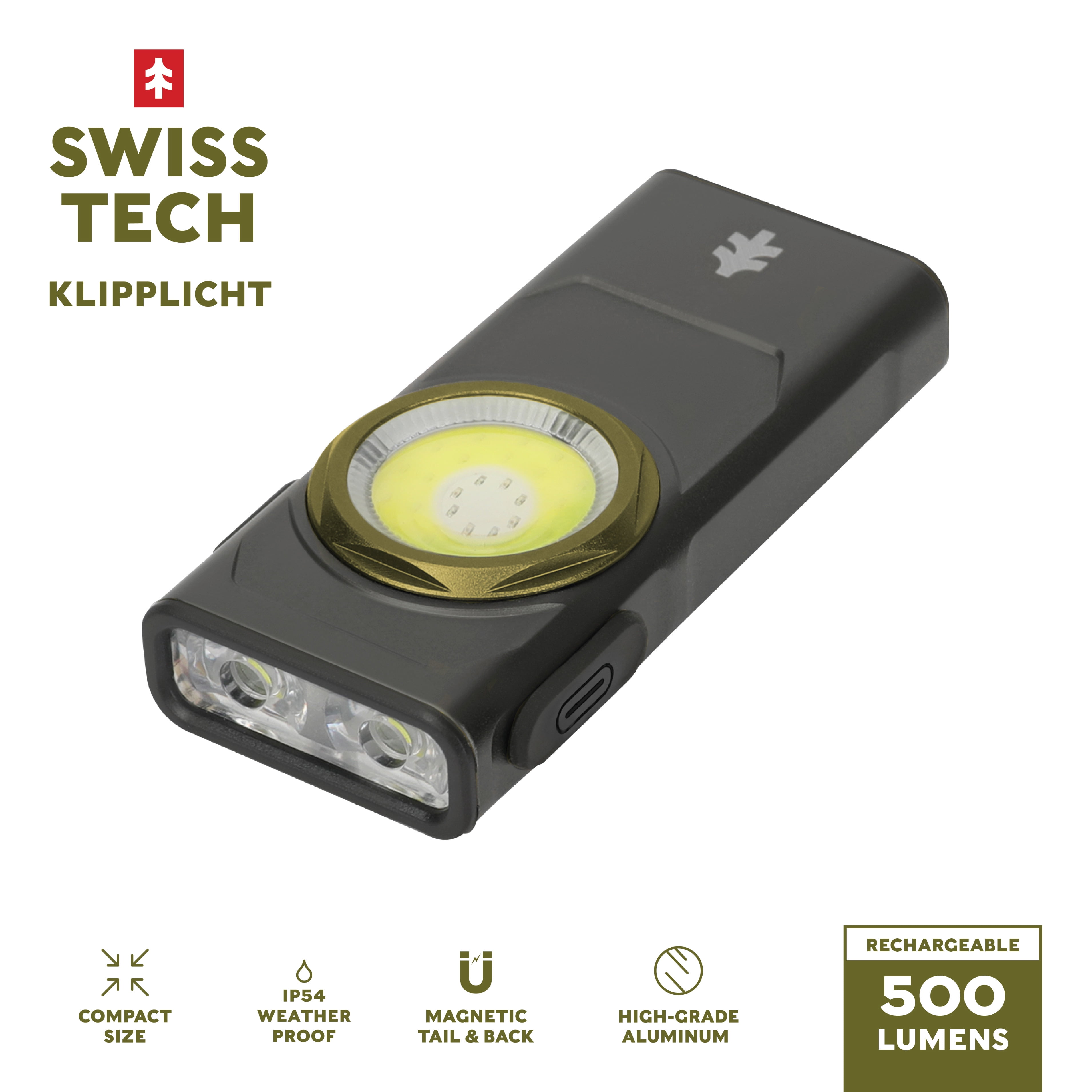 Swiss Tech Rechargeable Grey 500 Lumen Rechargeable EDC Clip Work