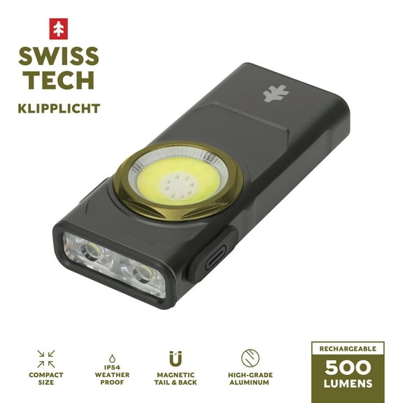 Swiss Tech Rechargeable 500 Lumen EDC Clip Flashlight, Spot and Flood Magnetic Work Light, Grey