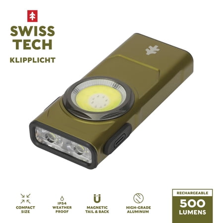 Swiss Tech 500-Lumen Rechargeable EDC Clip Work Light, Olive Green