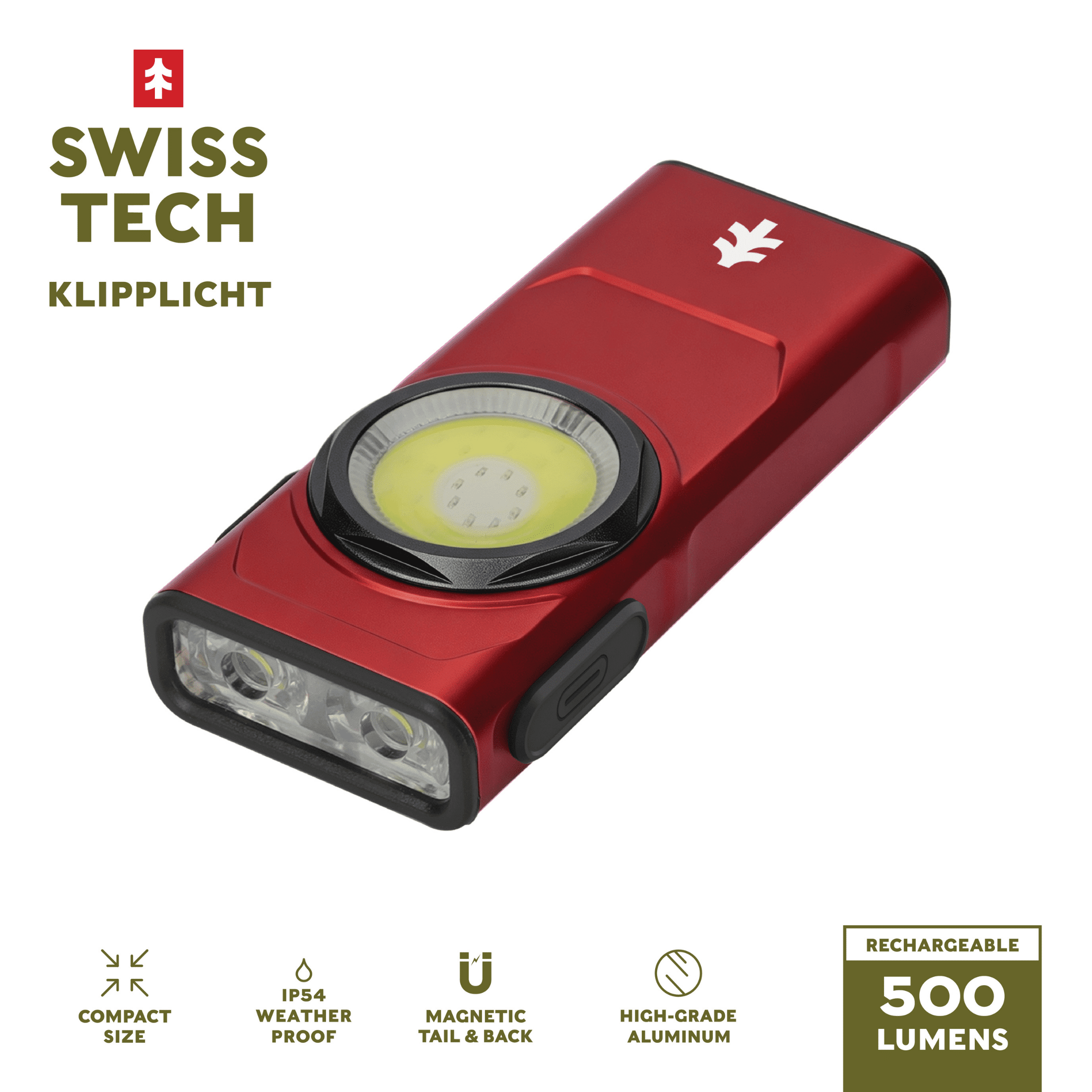 Swiss Tech 500-Lumen Rechargeable EDC Clip Work Light, Red