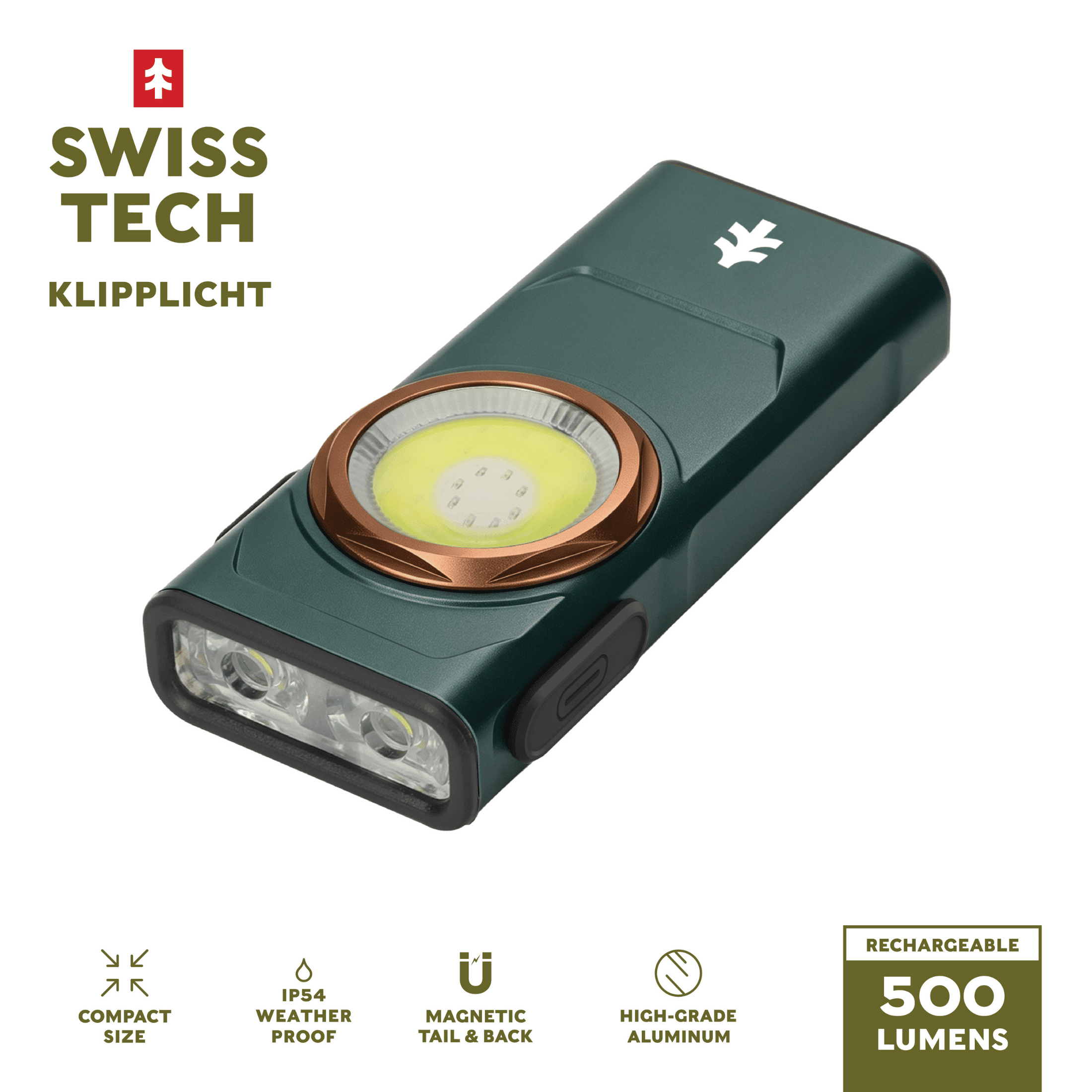 Swiss Tech 500-Lumen Rechargeable EDC Clip Work Light, Teal