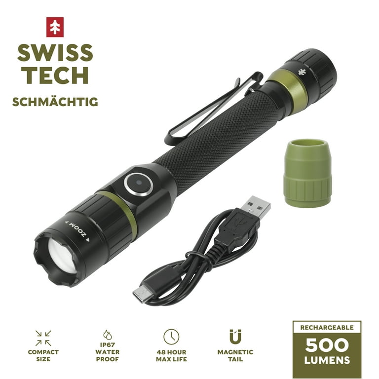 black cree led rechargeable flashlight 500 lumens 3 switch mode GripLite Pocket Flashlight, Dual Fuel AA Light, Small EDC with Clip for Camping, Hiking and Everyday Use making it the perfect travel flash light Gotical Rail Mount Flashlight 500
