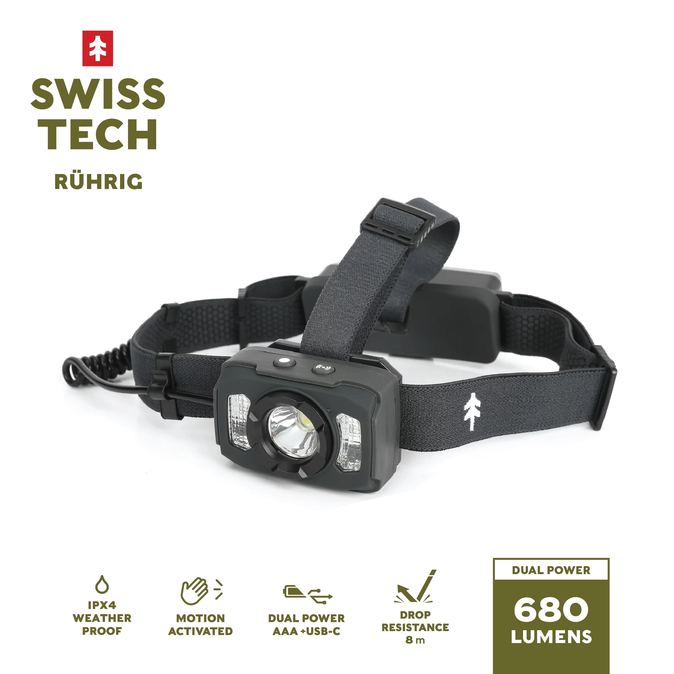 Swiss Tech Rechargeable LED Headlamp, IP54 Weatherproof, Drop
