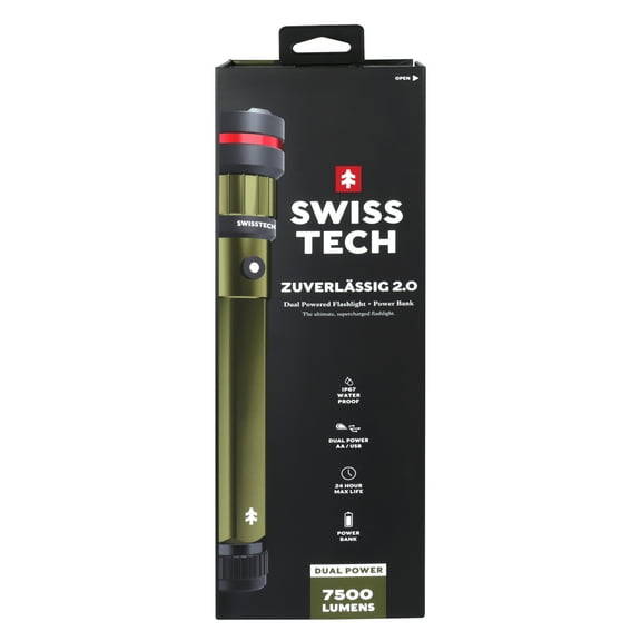 Swiss Tech 6500 Lumen LED Flashlight Rechargeable Dual Power AA/USB, Charging Bank, IP67 Waterproof