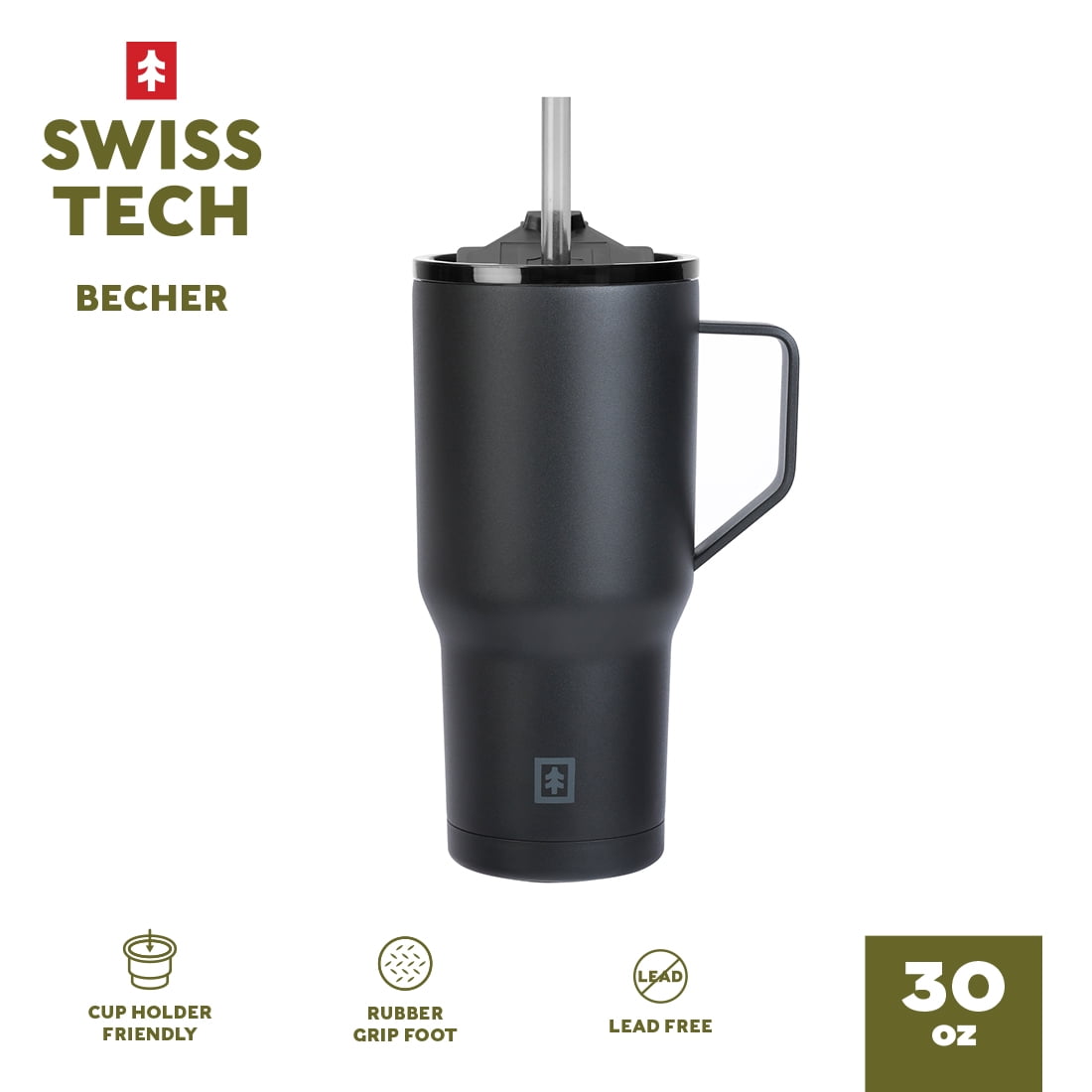 Swiss Tech Becher Black 30oz Water Bottle with Handle, Triple-Wall