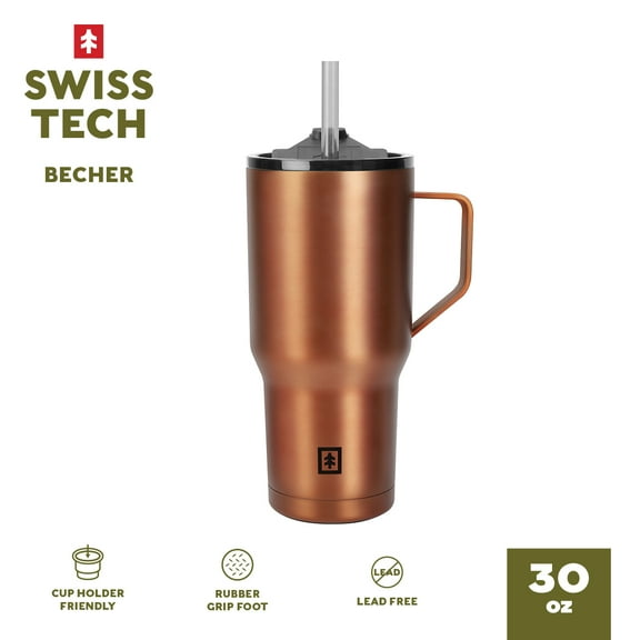 Swiss Tech Becher Bronze 30oz Water Bottle with Handle, Triple-Wall Copper Lined, Leak Proof