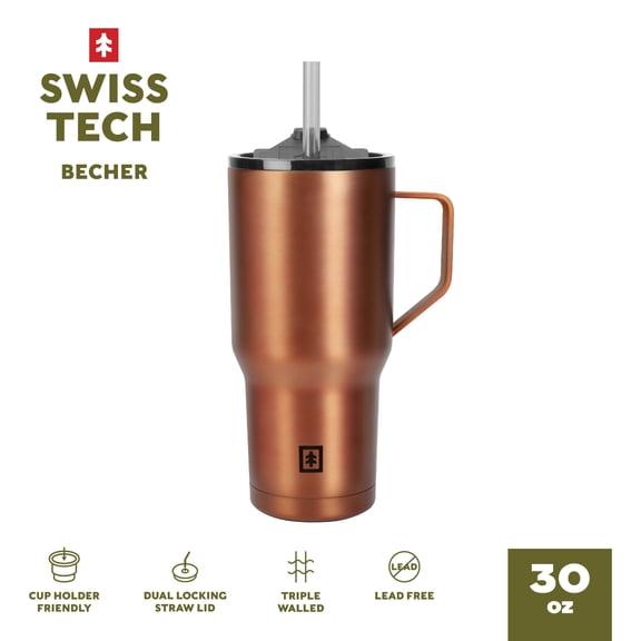 Swiss Tech Becher Bronze 30oz Water Bottle with Handle, Triple-Wall Copper Lined, Leak Proof