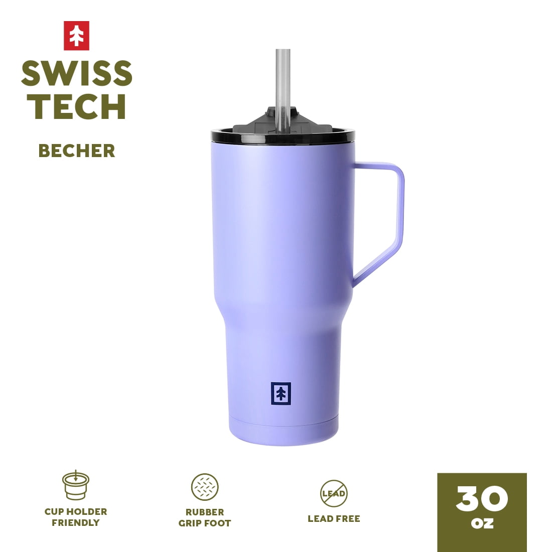 Swiss Tech Becher 30 oz Stainless Steel Water Bottle with Handle, Leak-Proof Lid, Myrtle Purple