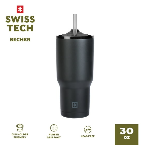 Swiss Tech Becher Black 30oz Water Bottle, Triple-Wall Copper Lined, Leak Proof