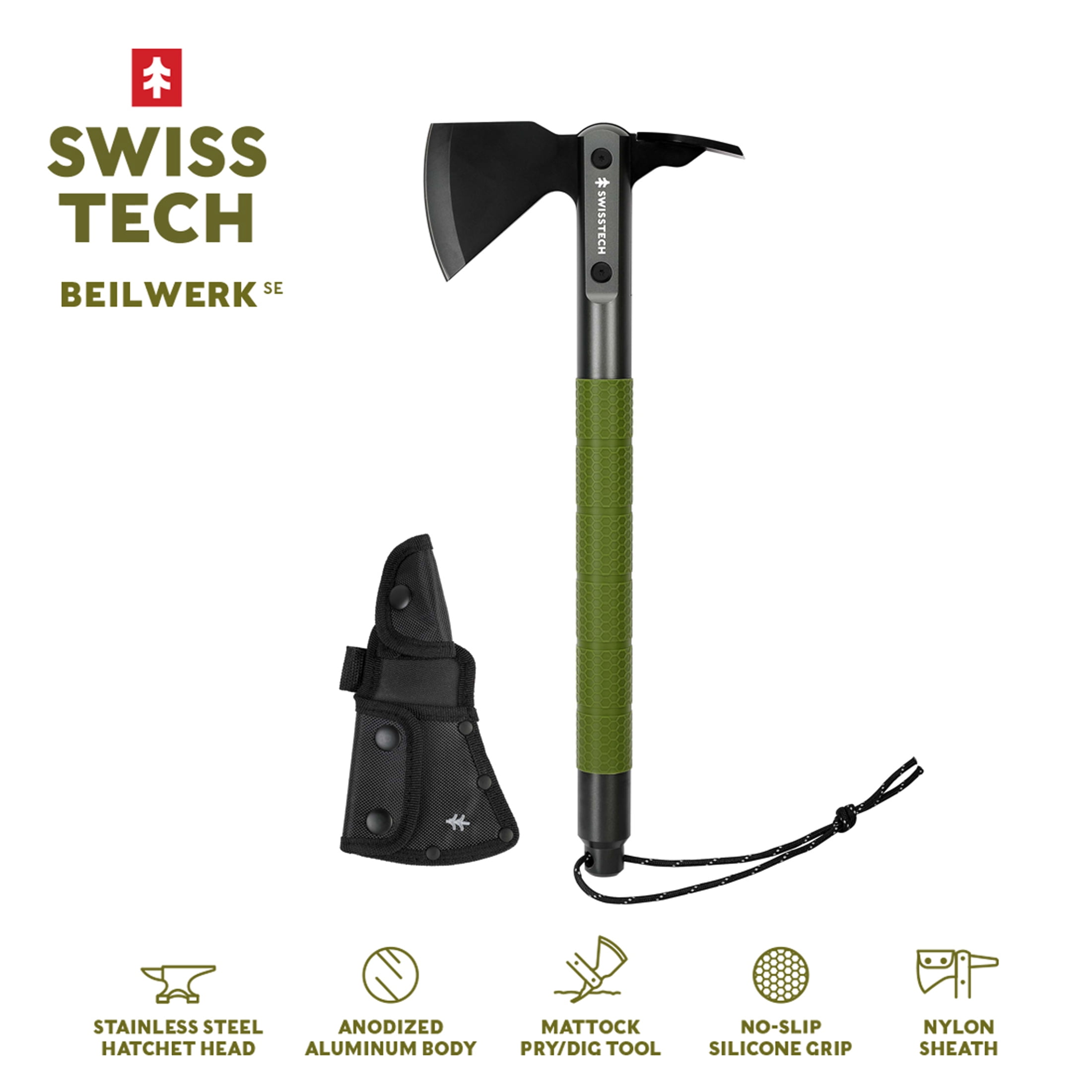 hactec Swiss Tech Beilwerk Camping Hatchet, Stainless Steel Head