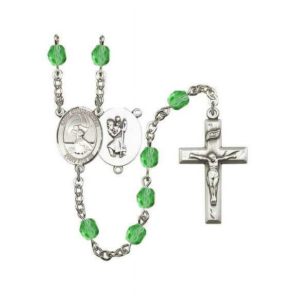ST. CHRISTOPHER/Water Polo-Women Silver-Plated Rosary 6mm August Green Fire Polished Beads Crucifix Size 1 3/8 x 3/4 medal