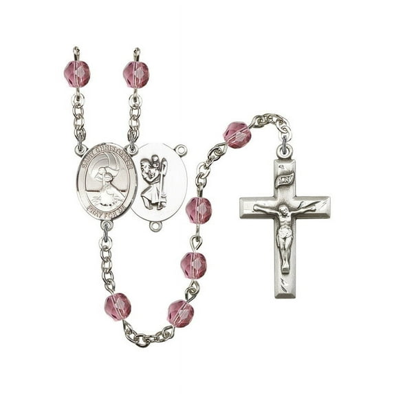 ST. CHRISTOPHER/Water Polo-Women Silver-Plated Rosary 6mm February Purple Fire Polished Beads Crucifix Size 1 3/8 x 3/4 medal