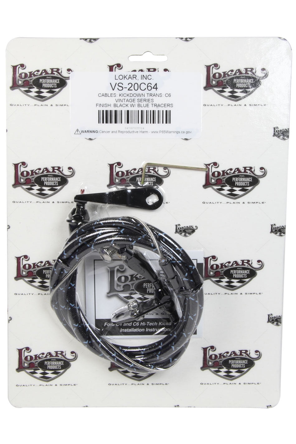 Lokar VS-20C64 Vintage Series Kickdown Cable - 60 in Length - Woven Cotton - Aluminum - Fittings - Black / Blue - Ford C6