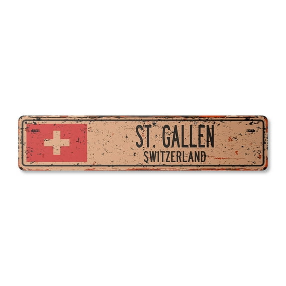 ST. GALLEN SWITZERLAND Vintage Plastic Street Sign Swiss flag city country road wall gift | Indoor/Outdoor | 36" Wide