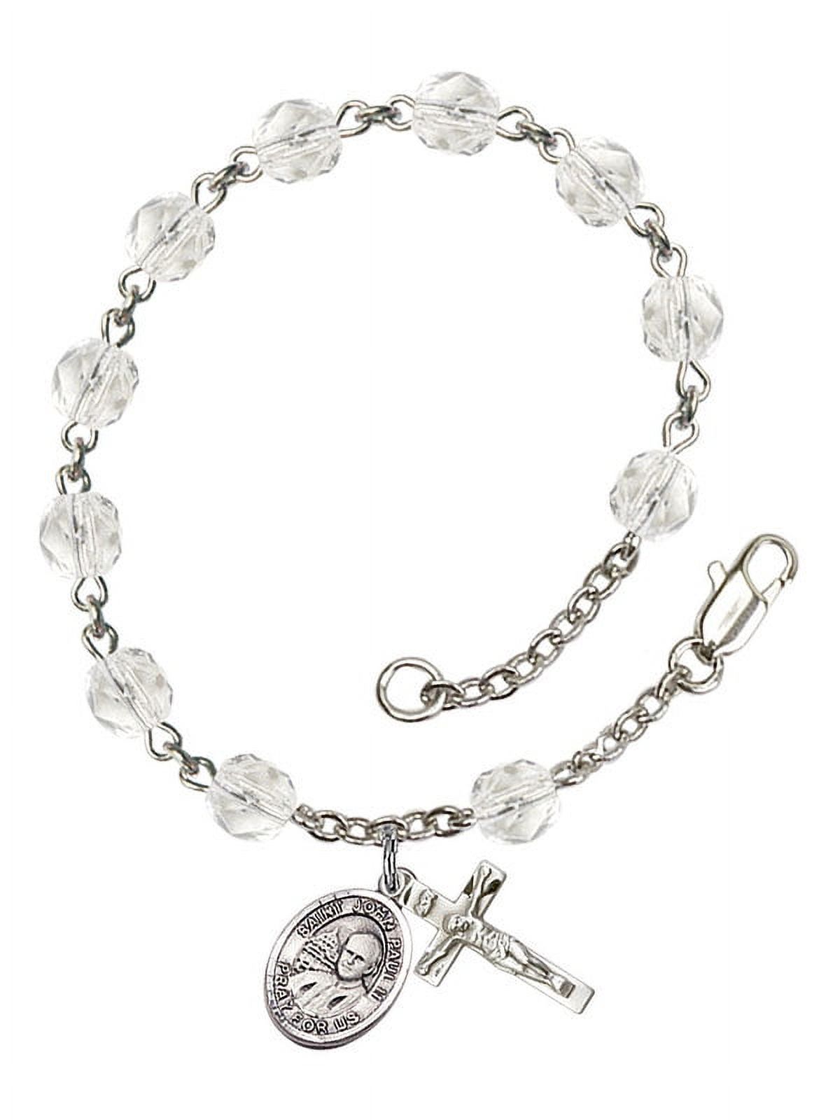 ST. JOHN PAUL II Silver Plate Rosary Bracelet 6mm April Crystal Fire Polished Beads Crucifix Size 5/8 x 1/4 medal charm