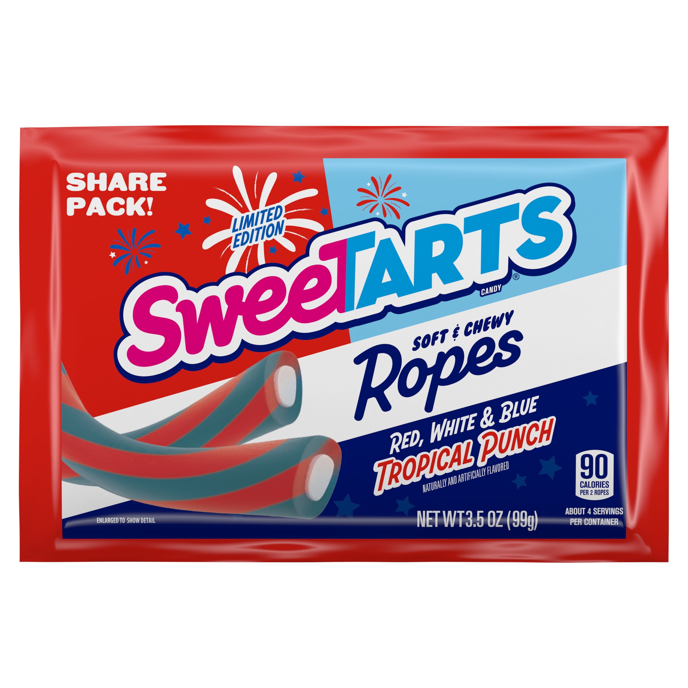 SweeTARTS Ropes Candy, Red White and Blue Tropical Punch, Soft and Chewy, 3.5 oz