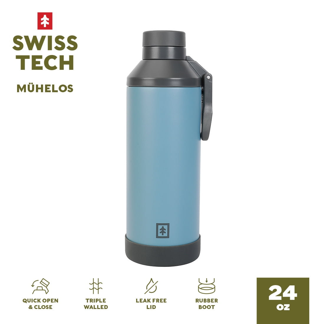 Swiss Tech Muhelos Cresta Blue 24oz Water Bottle, Double-Wall Copper Lined, Leak Proof