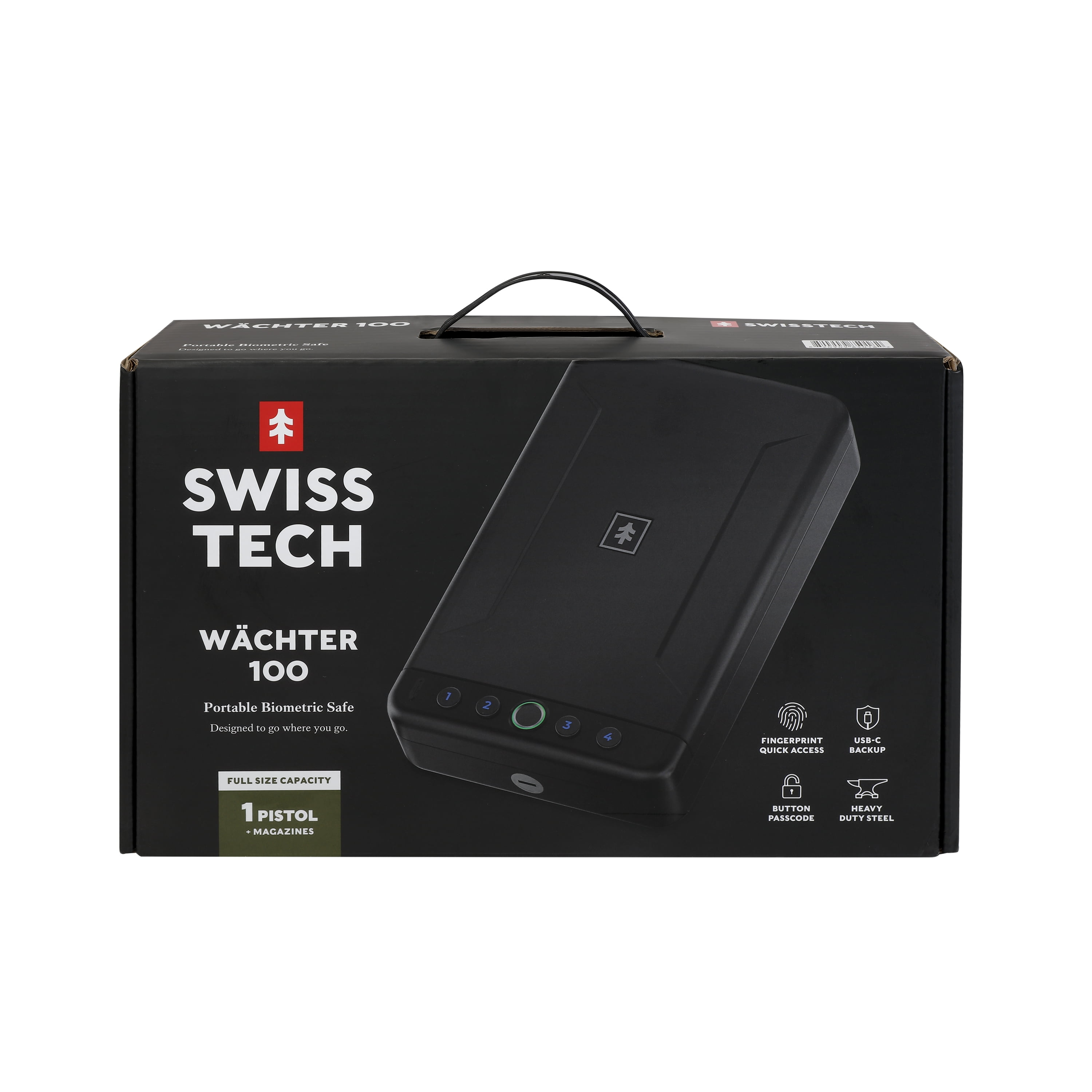 Swiss Tech Wchter 100 Portable Biometric Safe with Fingerprint, USB-C & Steel Cable