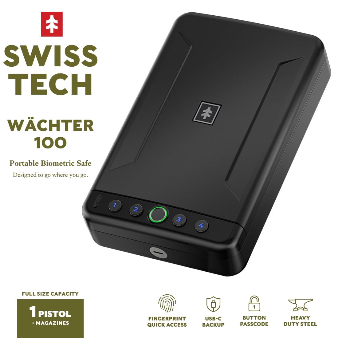 Swiss Tech Wchter 100 Portable Biometric Safe with Fingerprint, USB-C & Steel Cable