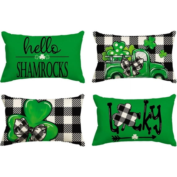 ST Patricks Day Buffalo Plaid Lucky Clover Truck Hello Shamrocks Throw Pillow Covers, 12 x 20 Inch Bow Tie Decoration for Sofa Couch Set of 4