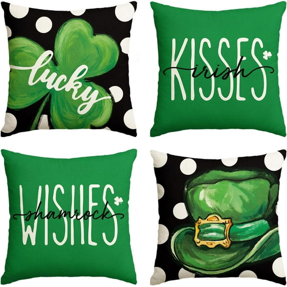 ST Patricks Day Polka Dots Lucky Clover Hat Irish Kisses Shamrocks Wishes Throw Pillow Covers, 18 x 18 Inch Decoration for Sofa Couch Set of 4