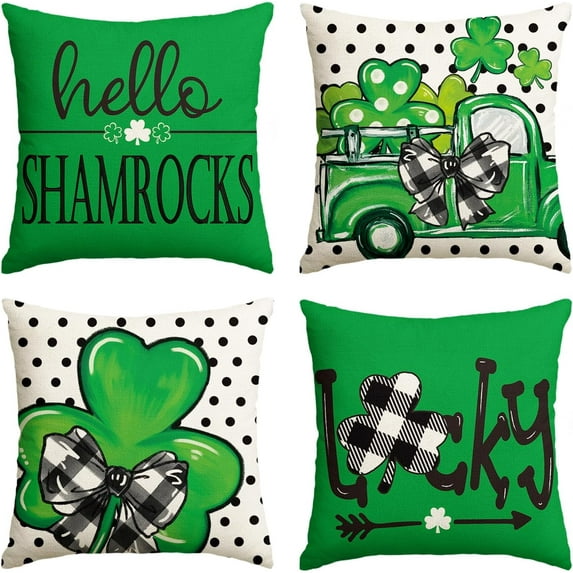 ST Patricks Day Polka Dots Lucky Clover Truck Hello Shamrocks Throw Pillow Covers, 16 x 16 Inch Buffalo Plaid Bow Tie Decoration for Sofa Couch Set of 4