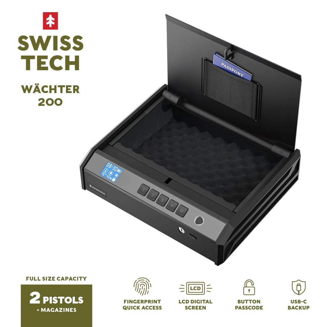 Swiss Tech Wächter 200 Biometric Gun Safe for 2 Handguns, Fingerprint Safe with LCD Display, USB-C Emergency Power, Keypad & Key Backup