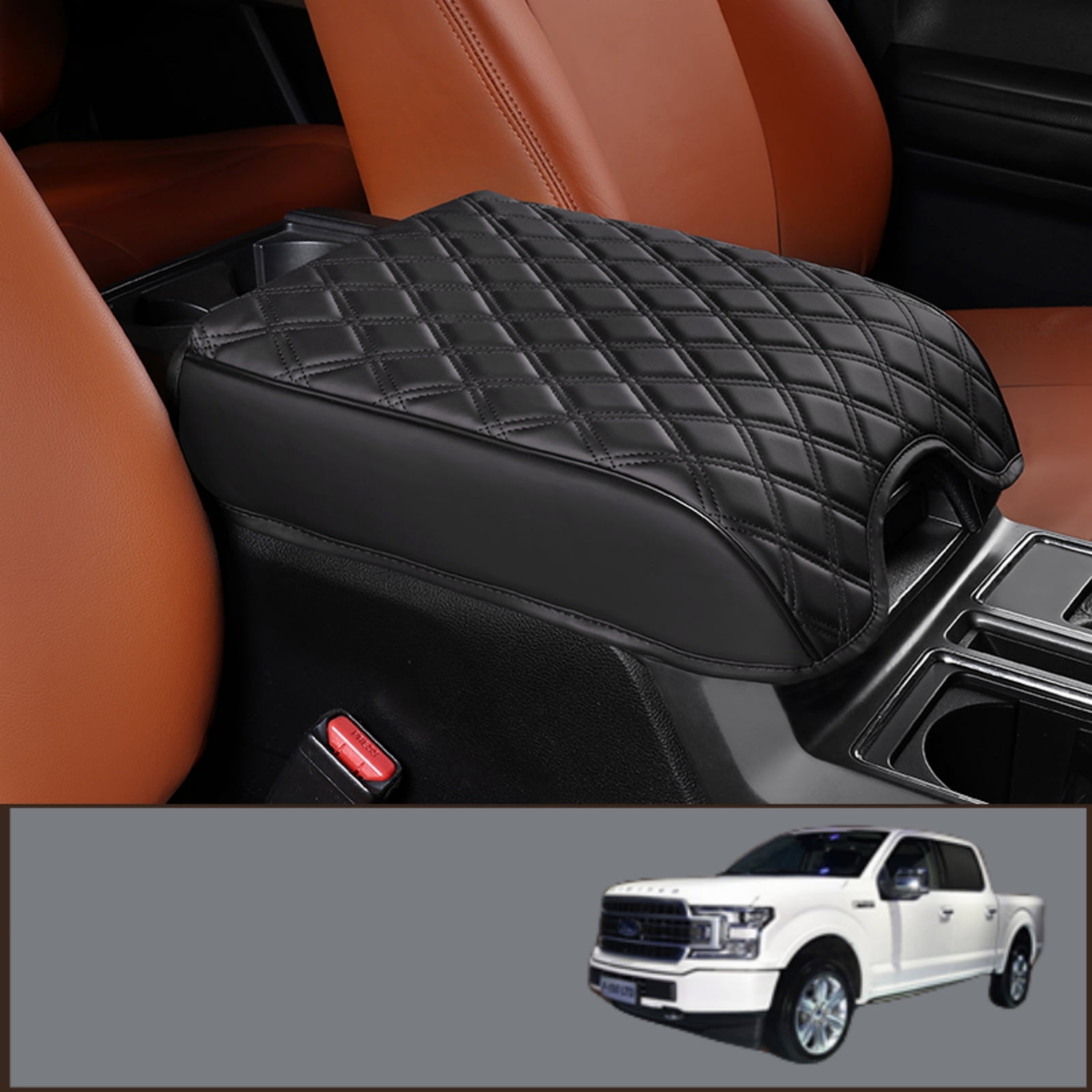 ST SoleMe.Tc Custom Center Console Cover Pad Compatible with 2015-2020 Ford F150 Car Armrest Seat Box Cover Anti-Scratch Protector, Interior Accessories, Double Line Grid